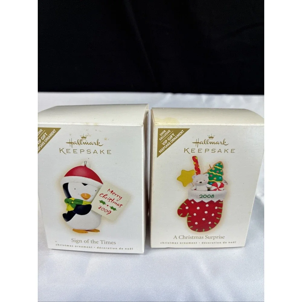 Hallmark Keepsake Ornaments 2008 A Christmas Surprise 2009 Sign of the Times Lot